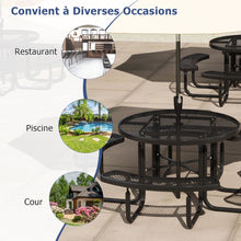 Load image into Gallery viewer, Table de Pique-Nique Ronde avec 4 Bancs Intégrés pour 8 Personnes Table de Camping en Métal avec Sièges et Trou pour Parasol 202x75cm Noir -