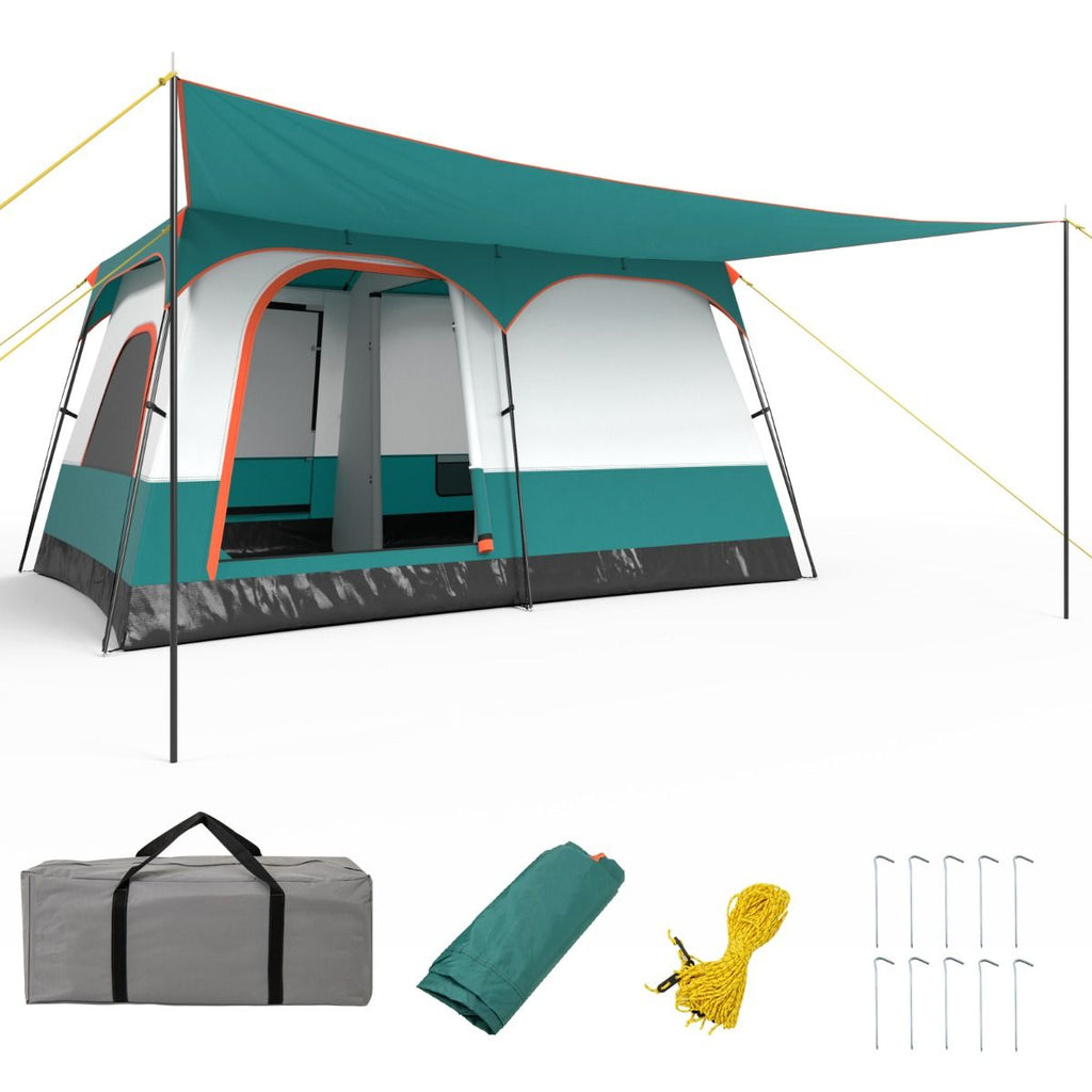 Tente de Camping pour 6/8/10 Personnes avec Auvent Grande Tente Familiale avec 2 Chambres 2 Portes 2 Fenêtres en Maille Vert -