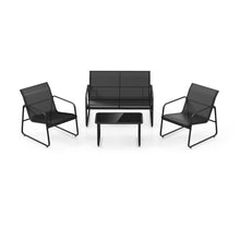 Load image into Gallery viewer, Salon de Jardin 4 Pices avec 2 Chaises Table en Verre Tremp et Causeuse Meuble Extrieur en Tissu Respirant Cadre Mtallique Noir -