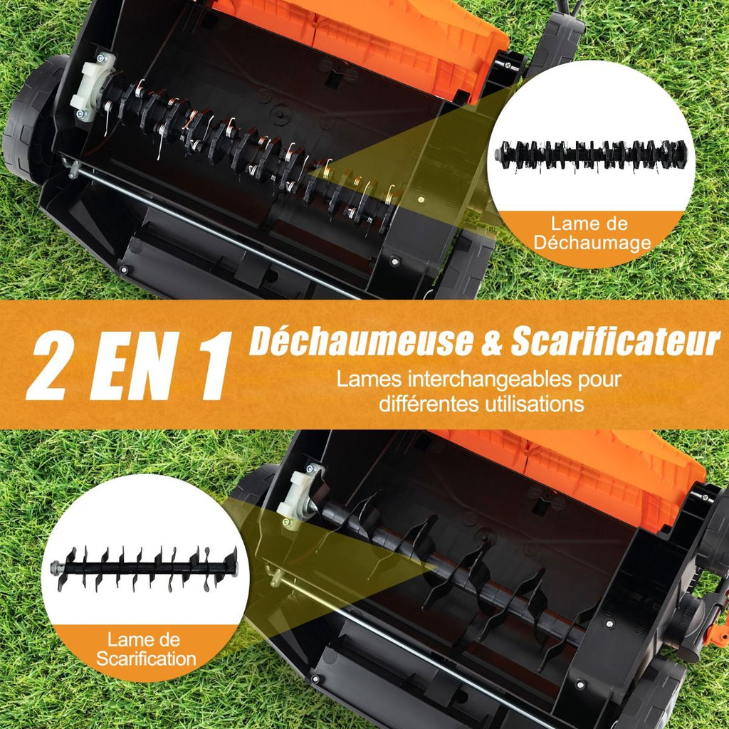 Scarificateur Électrique 2 en 1 de 15A avec Double Interrupteur de Sécurité Réglable Sac de Ramassage 55 L Scarificateur Orange/Vert -