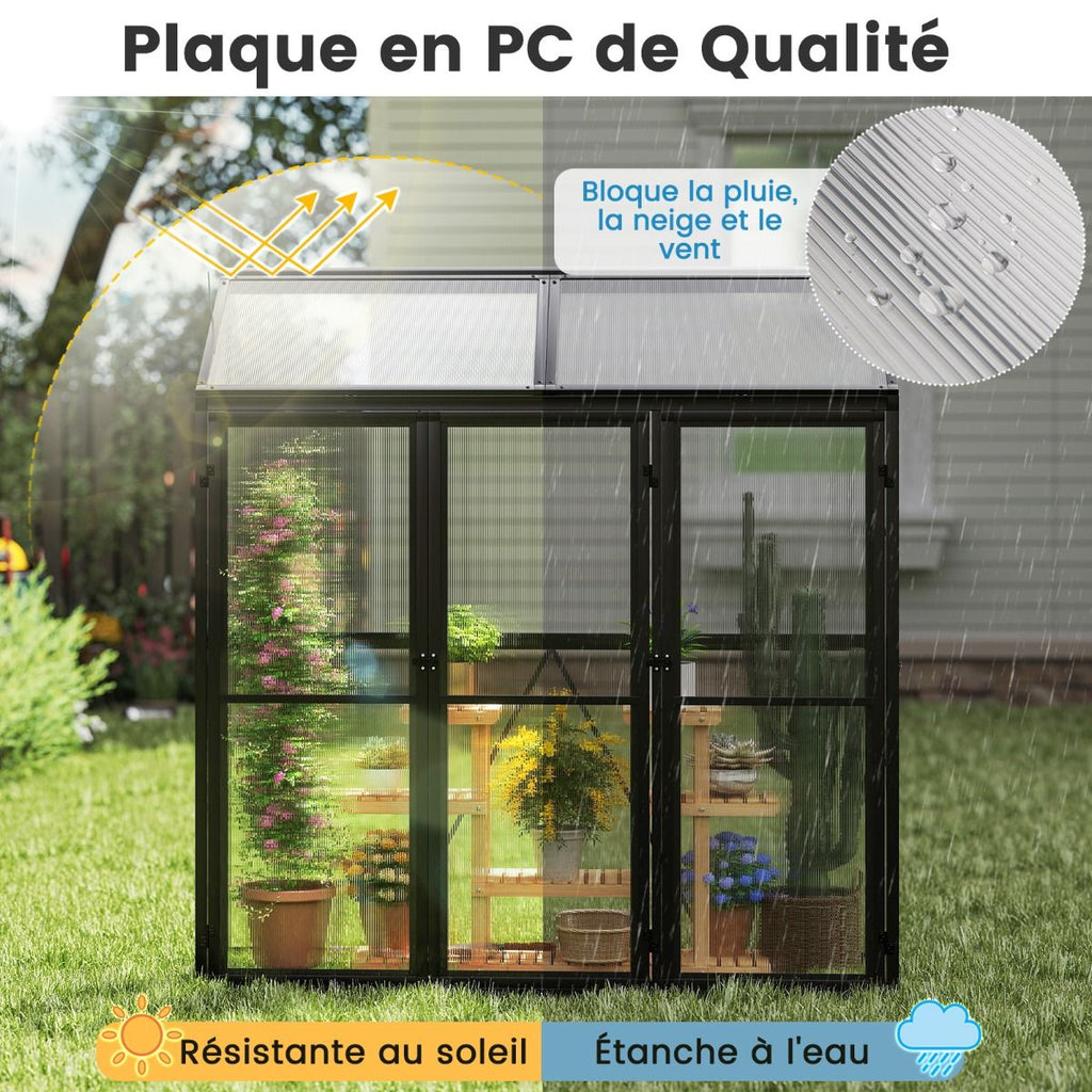 Serre de Jardin Extérieure en Aluminium Serre Mini Walk-in avec Lucarne et 3 Portes Fermables Plaques PC Résistantes au Soleil Noir -