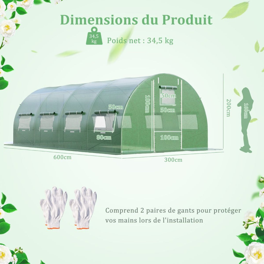 Serre de Jardin Tunnel Cadre en Acier Galvanisé Robuste Serre Tunnel Coupe-vent avec Cerceau 8 Fenêtres Enroulables Vert -