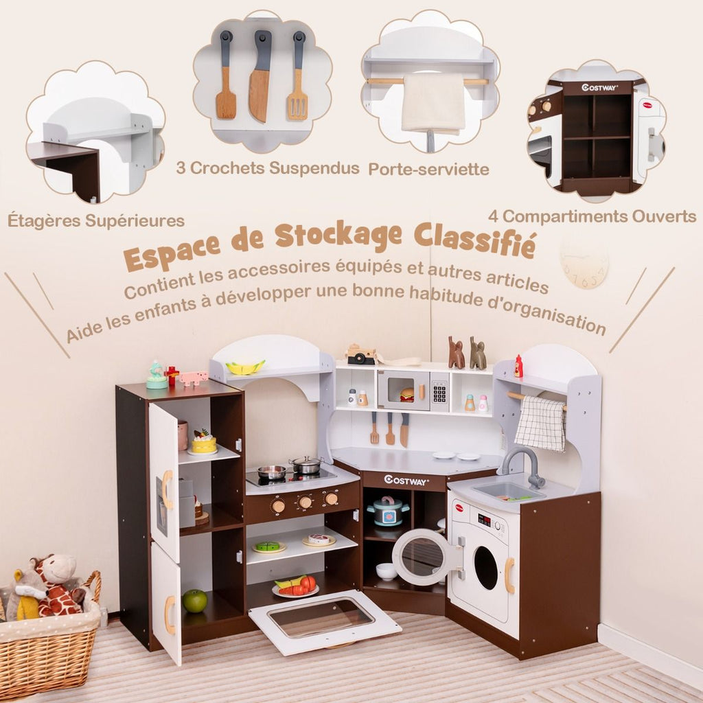 Jeu de Cuisine d'Angle pour Enfants de 3 Ans et Plus en Bois Machine à Glaçons Porte-serviettes Accessoires Effets Sonores et Lumineux -