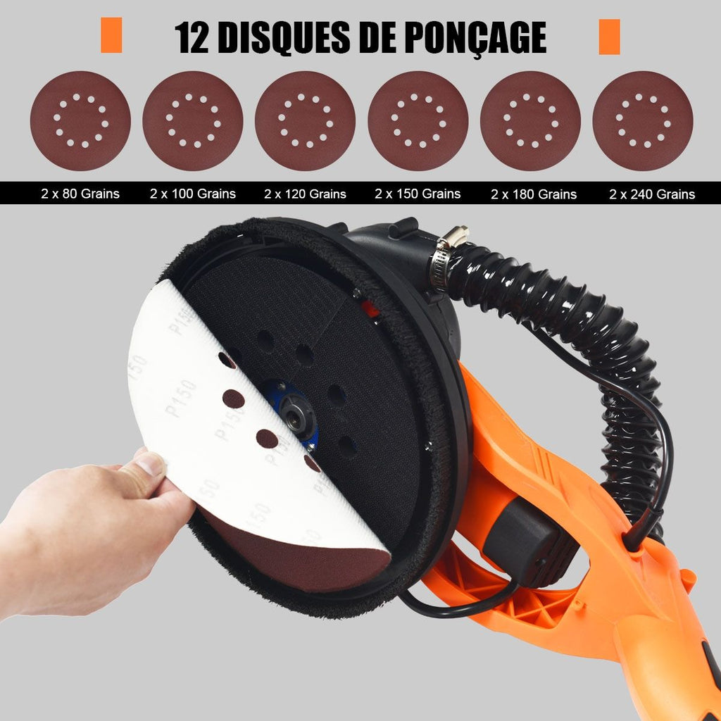 Ponceuse à Plâtre Murale 750W Ø 225mm Aluminium 6 Vitesses Variables Lumières LED Manche Télescopique 12 Disques Abrasifs -