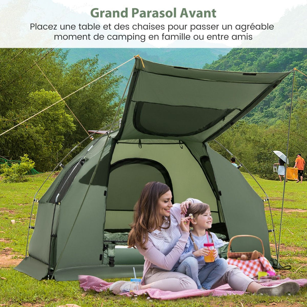 Tente de Camping avec Lit pour 1 Personne Lit de Camping Pliant 5 en 1 avec Matelas Pneumatique Oreiller Sac de Couchage Tente Surélevée Étanche -