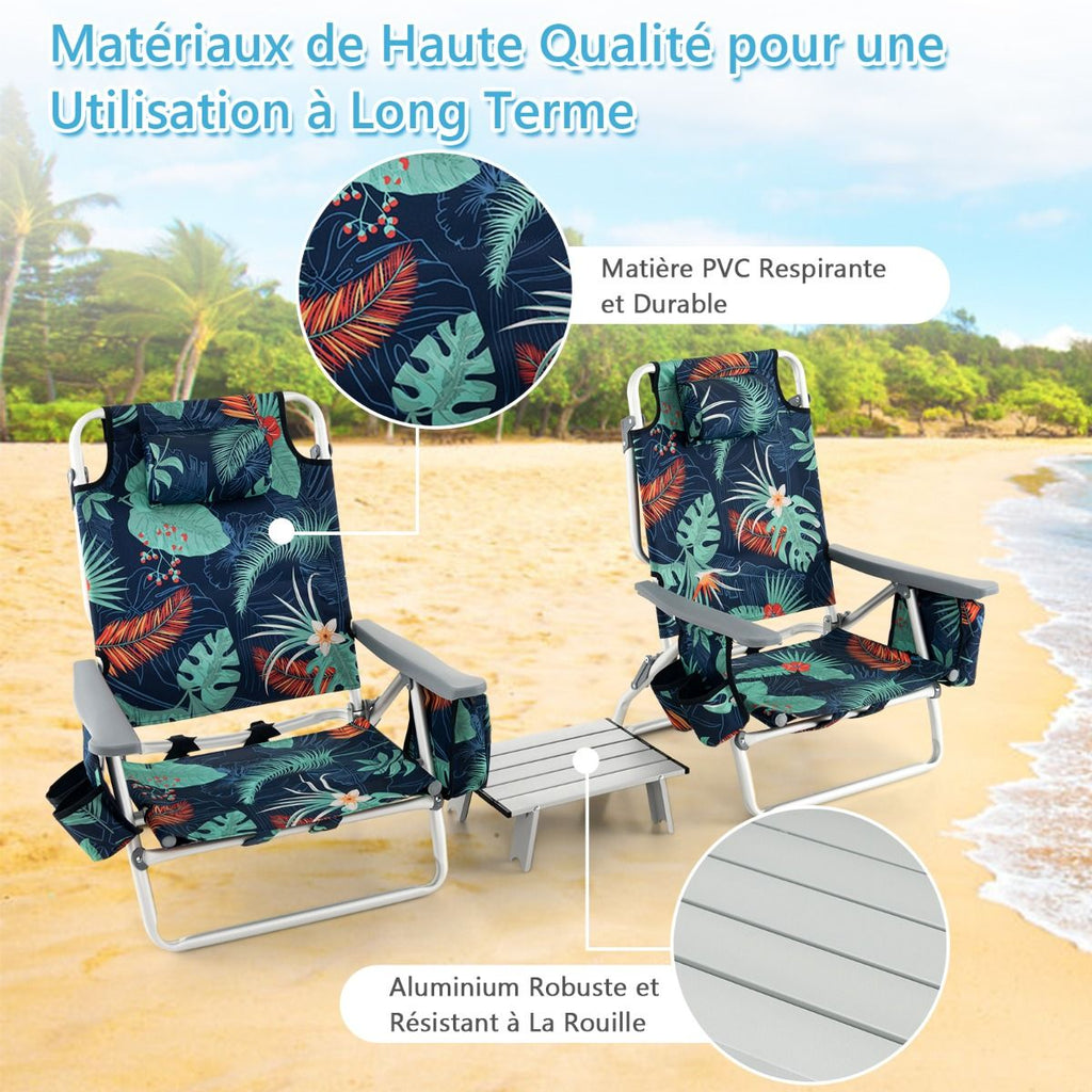 Lot de 2 Chaises de Camping Plage Pliante Table Enroulable en Aluminium Appui-tête Dossier Réglable à 5 Positions 6 Couleurs au Choix -