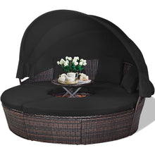 Load image into Gallery viewer, Lit de Jardin Rond d'Exterieur Table Relevable Modulable &amp; Convertible - Pare Soleil Réglable rotin PE Coussins Inclus Noir -