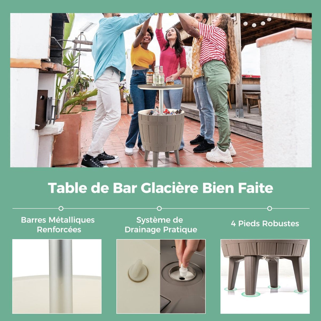 Table Glacire 37L pour Jardin 3 en 1 avec Plateau Tlescopique Seau  Glace d'Extrieur pour Cocktails Bire 脴48x58/83cm Marron+Blanc -