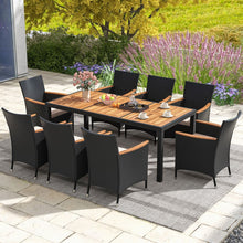 Load image into Gallery viewer, Salon de Jardin en Rotin 9 Pièces Plateau de Table en Acacia Ensemble de Salle à Manger avec Coussins Amovibles Trou Charge 180KG Beige+Noir -