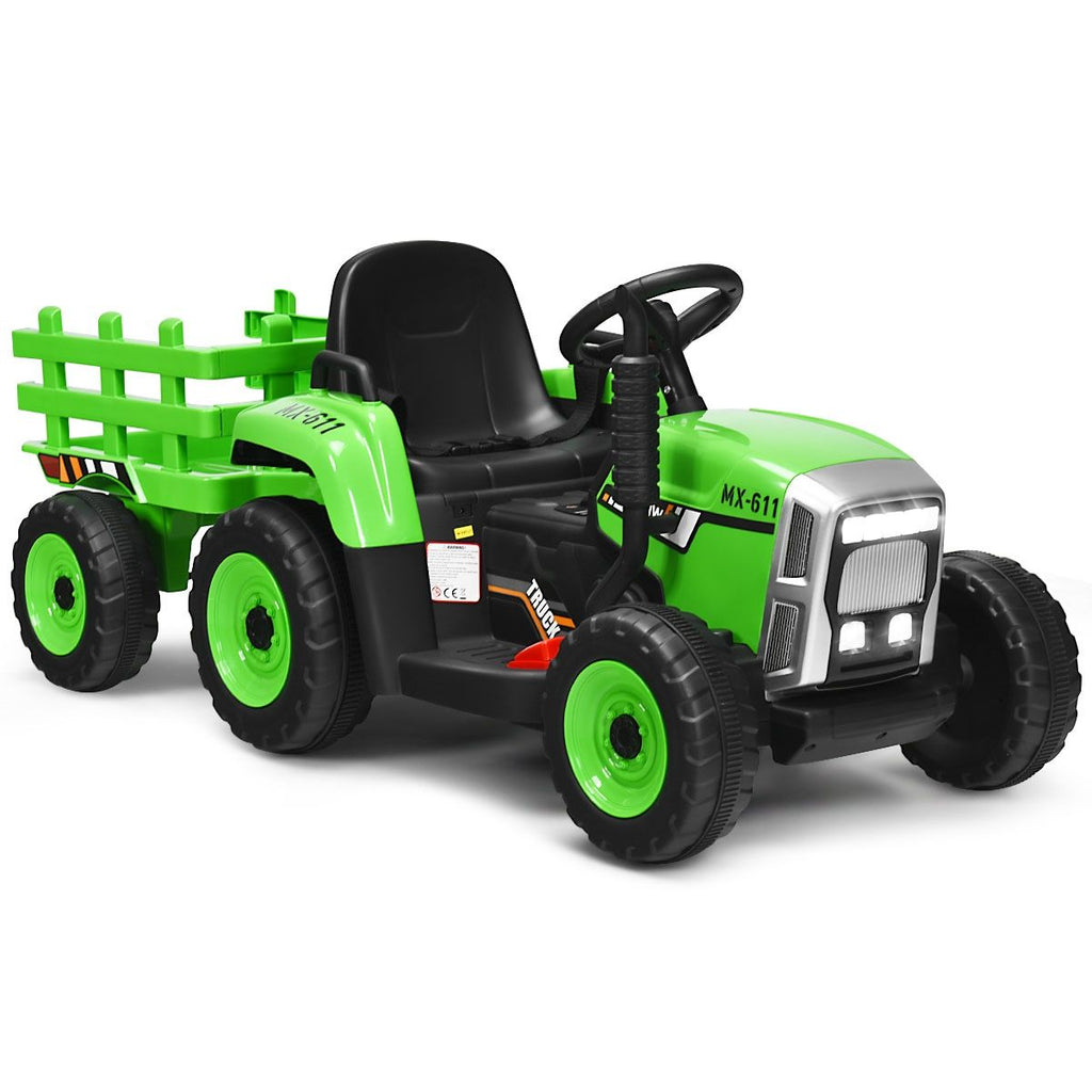 Tracteur Electrique avec Remorque pour Enfants 3 Vitesses Lumières LED Fonctions o USB et Bluetooth Jaune/Rose/Rouge/Vert/Vert Foncé/Noir -