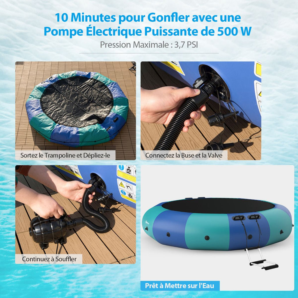 Trampoline Aquatique Gonflable Dia.457cm Capacit de 150kg avec Kit de Rparation Echelle et Gonfleur Electrique 500w Bleu -