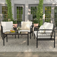 Load image into Gallery viewer, Meubles de Patio 4 Pièces en Rotin Charge 180-360KG avec Chaises Causeuse Coussins et Table Basse en Verre Trempé pour Balcon Blanc -