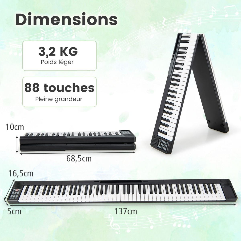 Piano Numrique Pliable  88 Touches avec Fonction Bluetooth MIDI Clavier lectronique Portable avec Pdale de Sustain Sac de Transport -