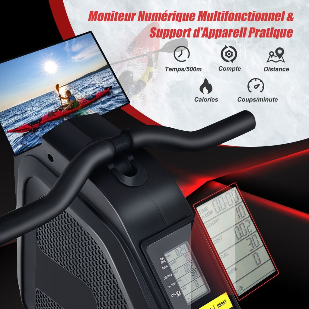 Rameur Magntique Rsistance 8 Niveaux Pliable 2 Roues Flexibles Rail Coulissant en Aluminium Ecran LCD Support d'Appareil -
