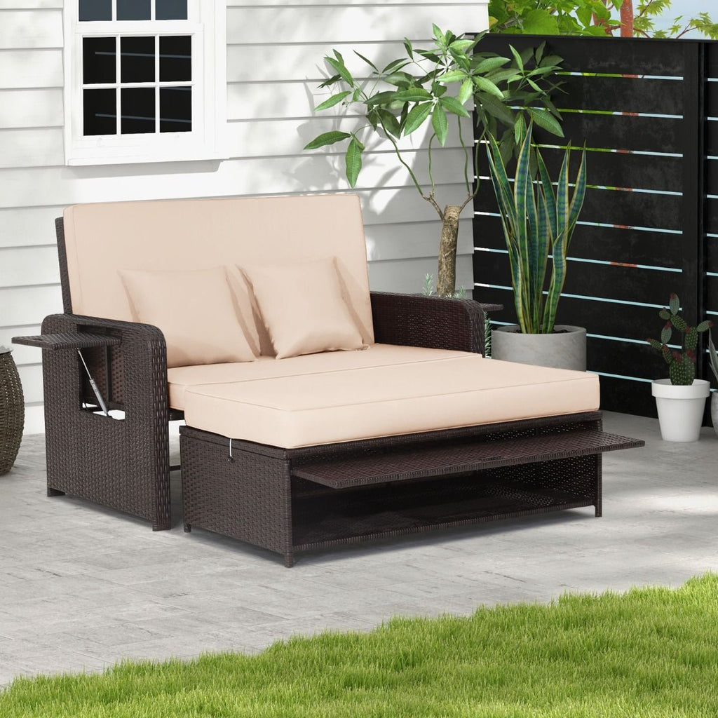 Salon de Jardin Extrieur Ajustable  Lit,2 Place avec Stockage Cach,Dossier Rglable  4 Niveaux en Rotin PE -